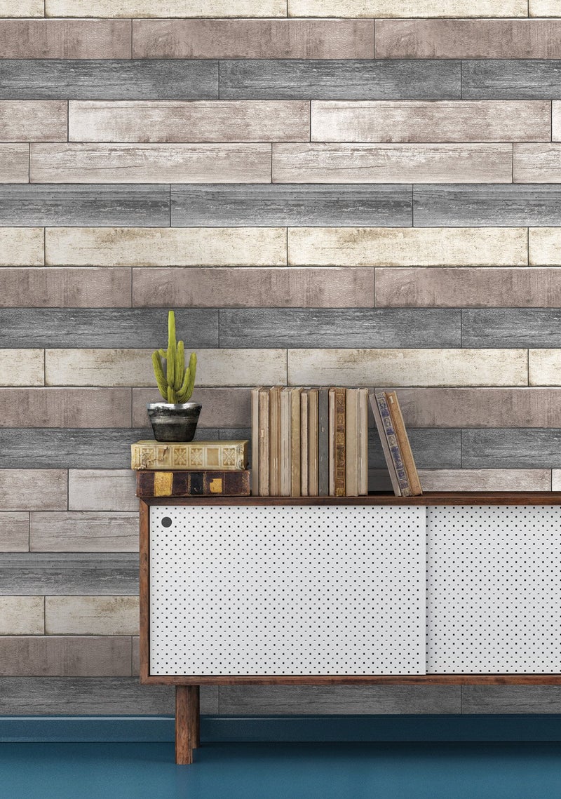 NuWallpaper NU3130 Reclaimed Wood Plank Natural Peel & Stick Wallpaper, Neutral - Image 2